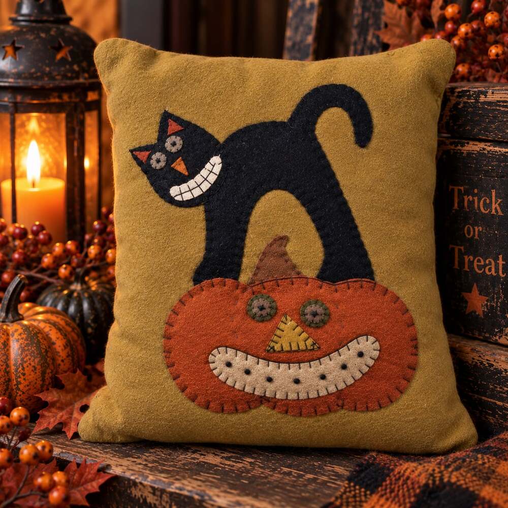 Primitive Halloween Black Cat Pumpkin Small Wool Applique Folk Art Pillow Vtg